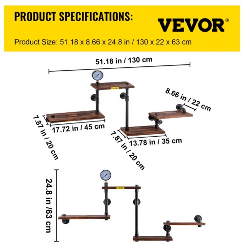 Pipe Shelves with Wood Planks, Rustic Industrial Wall Mounted Floating Shelving for Bar, Kitchen, Bathroom, Farmhouse