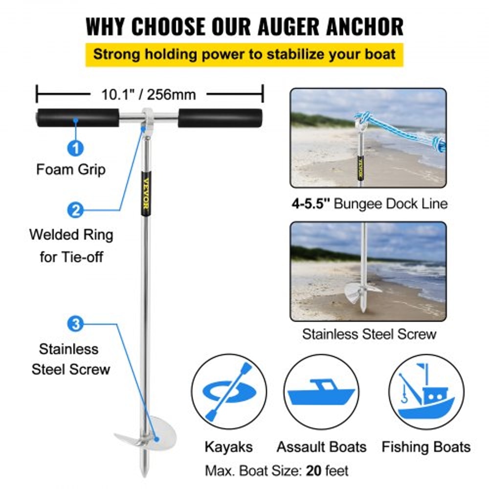 Stainless Steel Sand Anchor, Auger for Beach, Sandbar & Shallow Water, Removable Handle, Bungee Line & Bag