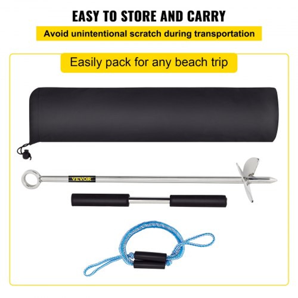 Stainless Steel Sand Anchor, Auger for Beach, Sandbar & Shallow Water, Removable Handle, Bungee Line & Bag