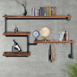 diy industrial pipe shelving, 4-tier black steel pipe & wood wall shelves, modern rustic storage solution for books