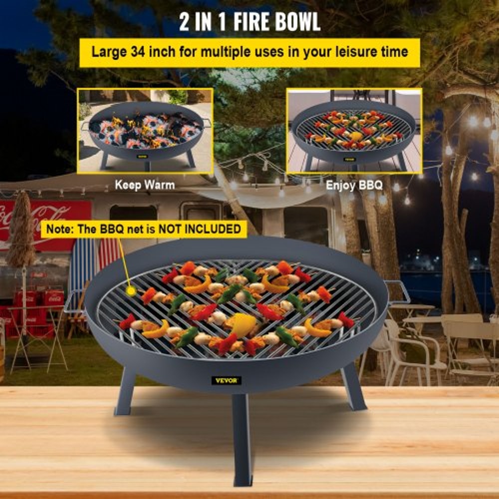 34Inch Carbon Steel Fire Bowl Wood Burning Outdoor Fire Pit For Patio Backyard Camping With Drain 3