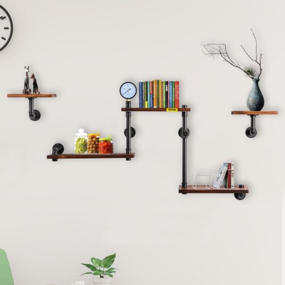Rustic Industrial Pipe Shelves, Wall Mounted Floating Shelf with Wood Planks, DIY Bookshelf for Farmhouse, Kitchen