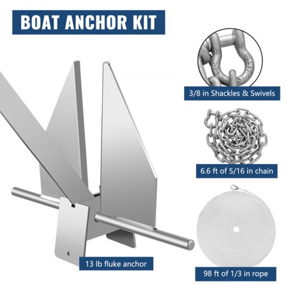 Fluke Style Boat Anchor Kit, Heavy-Duty Hot Dipped Galvanized Steel Marine Anchor with Rope, Chain & Shackles