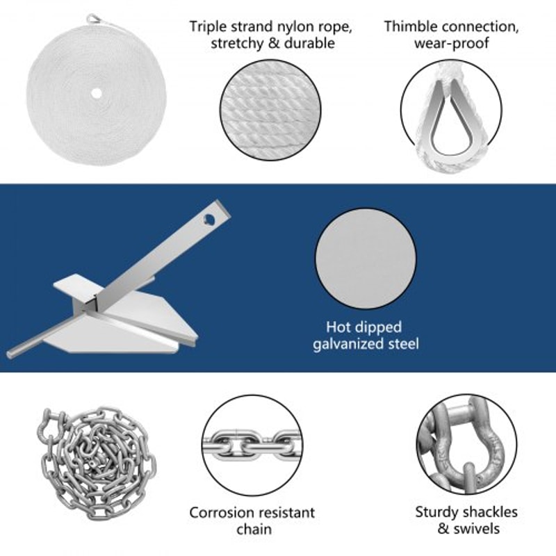 Fluke Style Boat Anchor Kit, Heavy-Duty Hot Dipped Galvanized Steel Marine Anchor with Rope, Chain & Shackles