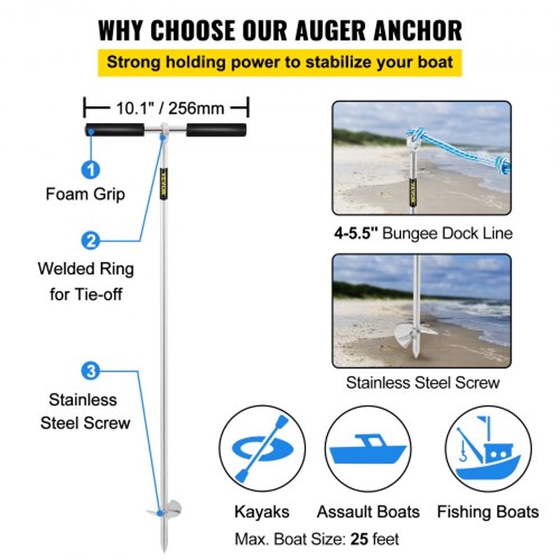 Stainless Steel Sand Anchor Auger, Removable Handle, Bungee Line & Carry Bag, Secure Jet Ski, Pontoon, PWC