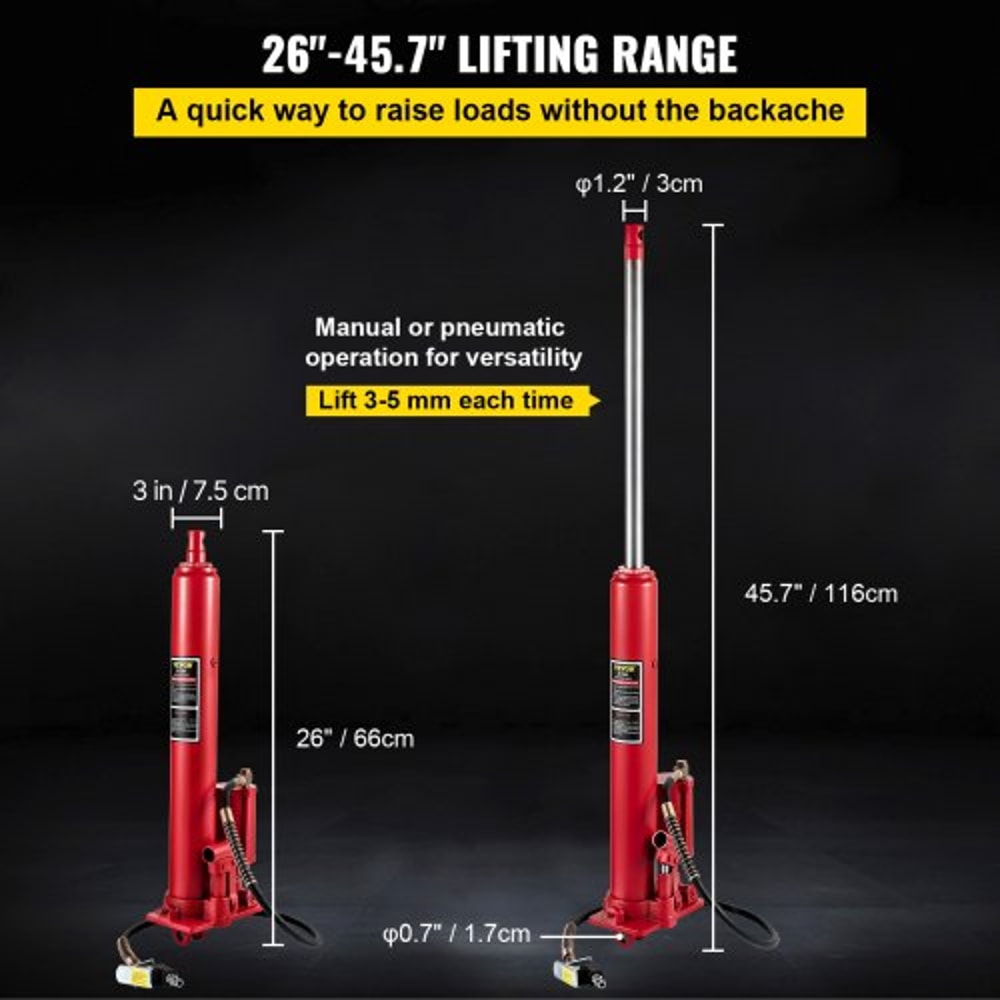 Hydraulic/Pneumatic Long Ram Jack with Single Piston Pump & Clevis Base, Engine Hoist Cherry Picker for Garage/Shop