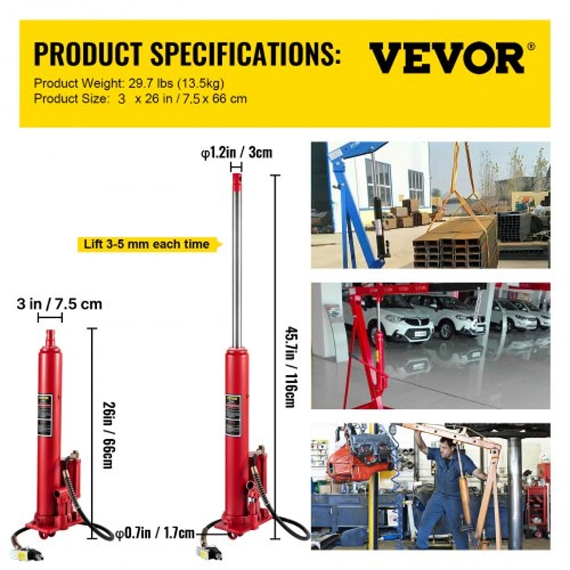 Hydraulic/Pneumatic Long Ram Jack with Single Piston Pump & Clevis Base, Engine Hoist Cherry Picker for Garage/Shop