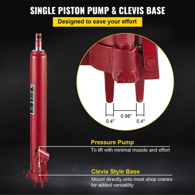Hydraulic Long Ram Jack, Heavy-Duty Single Piston Pump with Clevis Base, Manual Cherry Picker Engine Lift Hoist