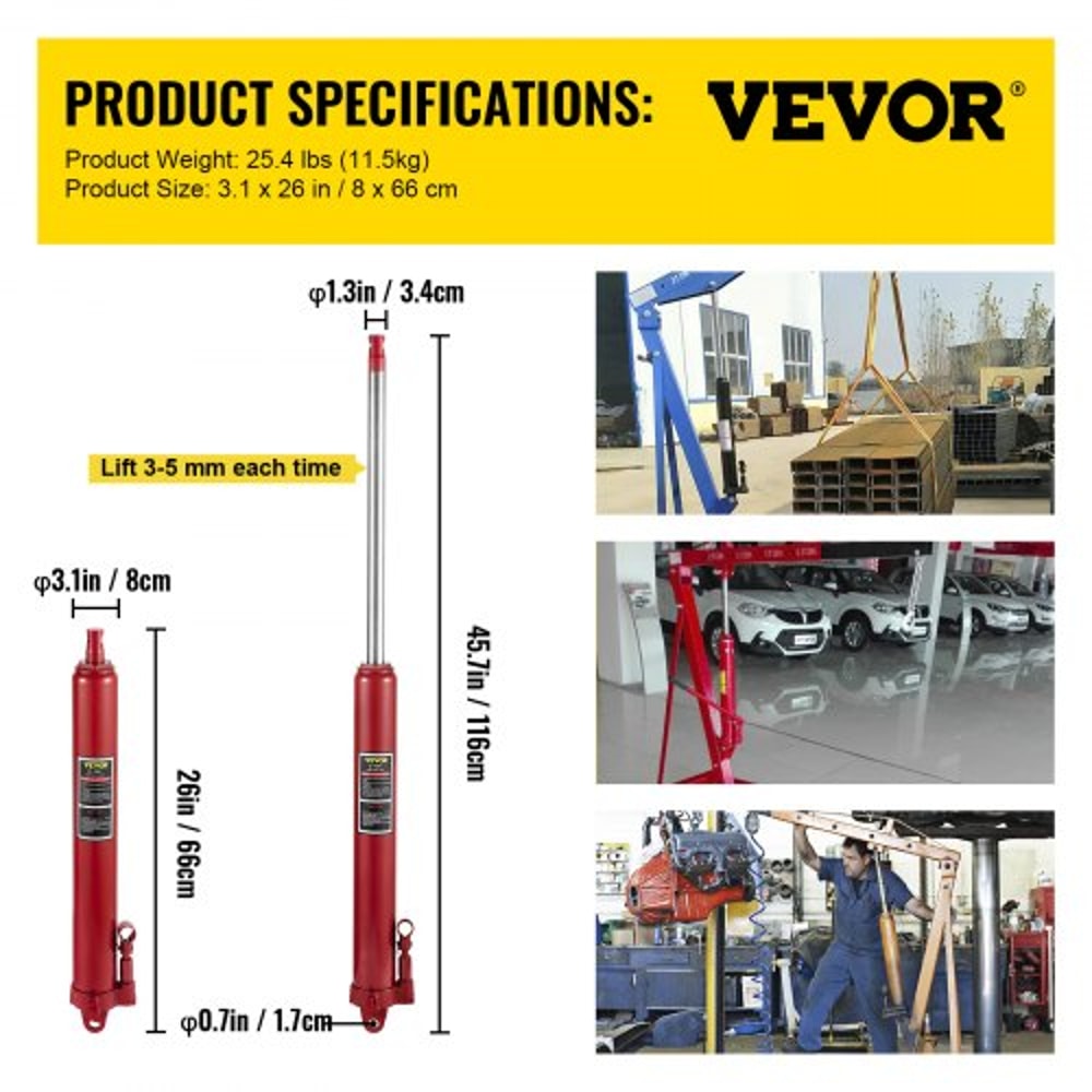 Hydraulic Long Ram Jack, Heavy-Duty Single Piston Pump with Clevis Base, Manual Cherry Picker Engine Lift Hoist