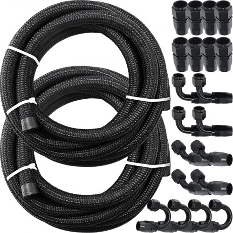 8AN Fuel Line Kit, 20 Pcs 8AN Fuel Hose Kit with 32.8Ft BK Nylon Stainless Steel Braided Oil Line Hose