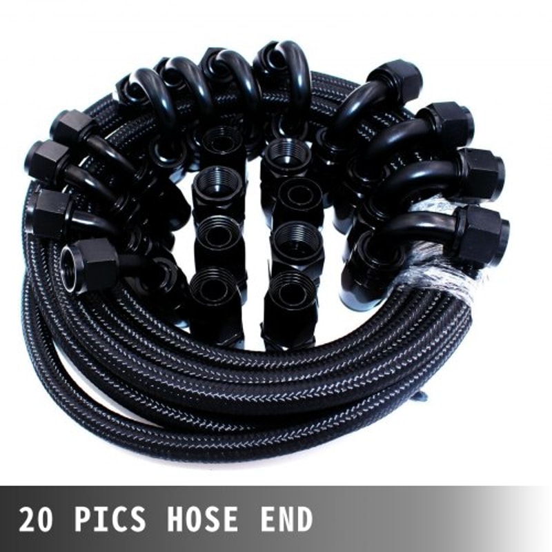 8AN Fuel Line Kit, 20 Pcs 8AN Fuel Hose Kit with 32.8Ft BK Nylon Stainless Steel Braided Oil Line Hose