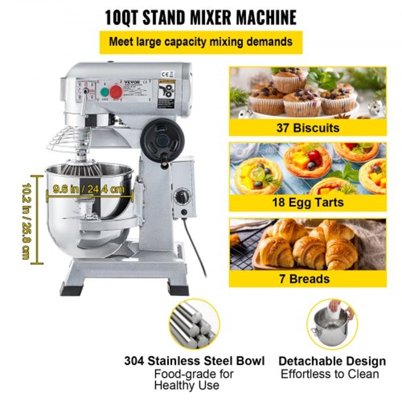 10Qt Commercial Mixer 850W HeavyDuty Stand Mixer With Stainless Steel Bowl 3 Speeds Dough Hook 3