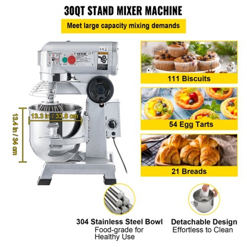 30Qt Commercial Mixer 1100W HeavyDuty Stand Mixer With Stainless Steel Bowl 3 Speeds 108199382 RPM 3