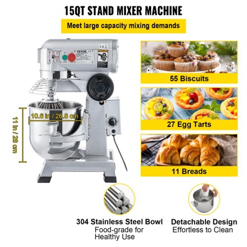 15Qt Commercial Mixer 550W HeavyDuty Stand Mixer With Stainless Steel Bowl 3 Speeds 136221465 RPM 3