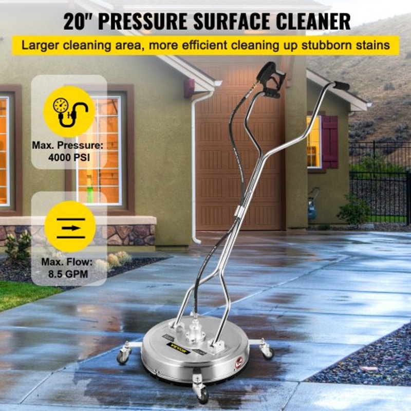 20" 4000 PSI Pressure Washer Surface Cleaner, Stainless Steel Frame w/Rotating Dual Handle & Wheels