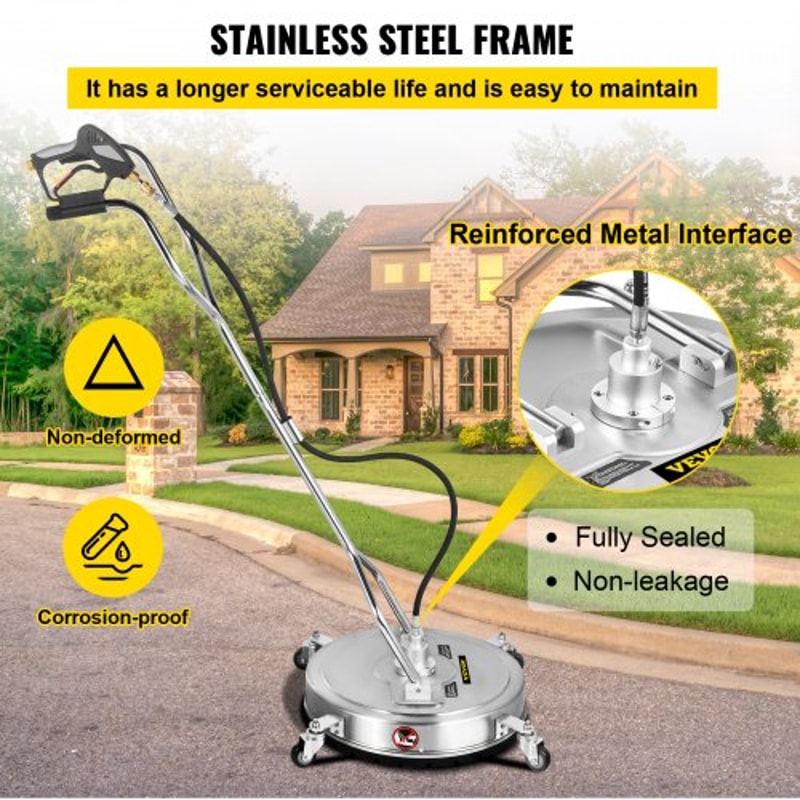 20" 4000 PSI Pressure Washer Surface Cleaner, Stainless Steel Frame w/Rotating Dual Handle & Wheels