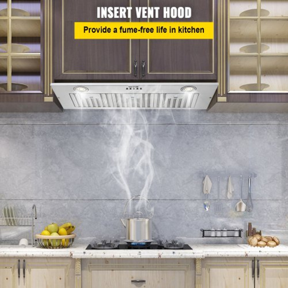 Stainless Steel Insert Range Hood Speed Built-in Kitchen Vent with Push Button Control, LED Lighting, Baffle Filters