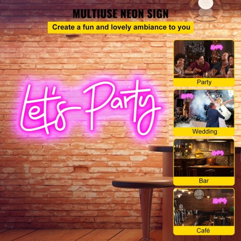 Adjustable Pink Let's Party Neon Sign with Remote, LED Wall Decor Light for Wedding, Celebration, Bar, Cafe & Home