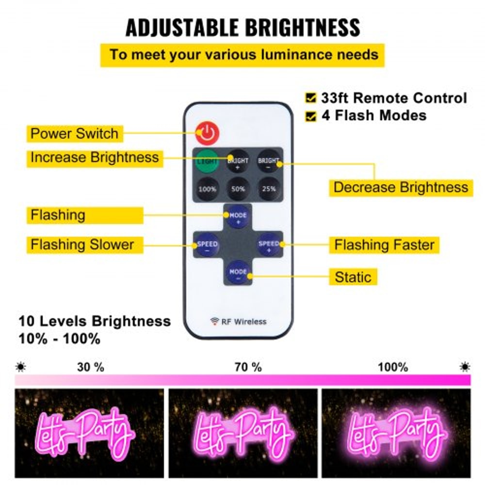 Adjustable Pink Let's Party Neon Sign with Remote, LED Wall Decor Light for Wedding, Celebration, Bar, Cafe & Home