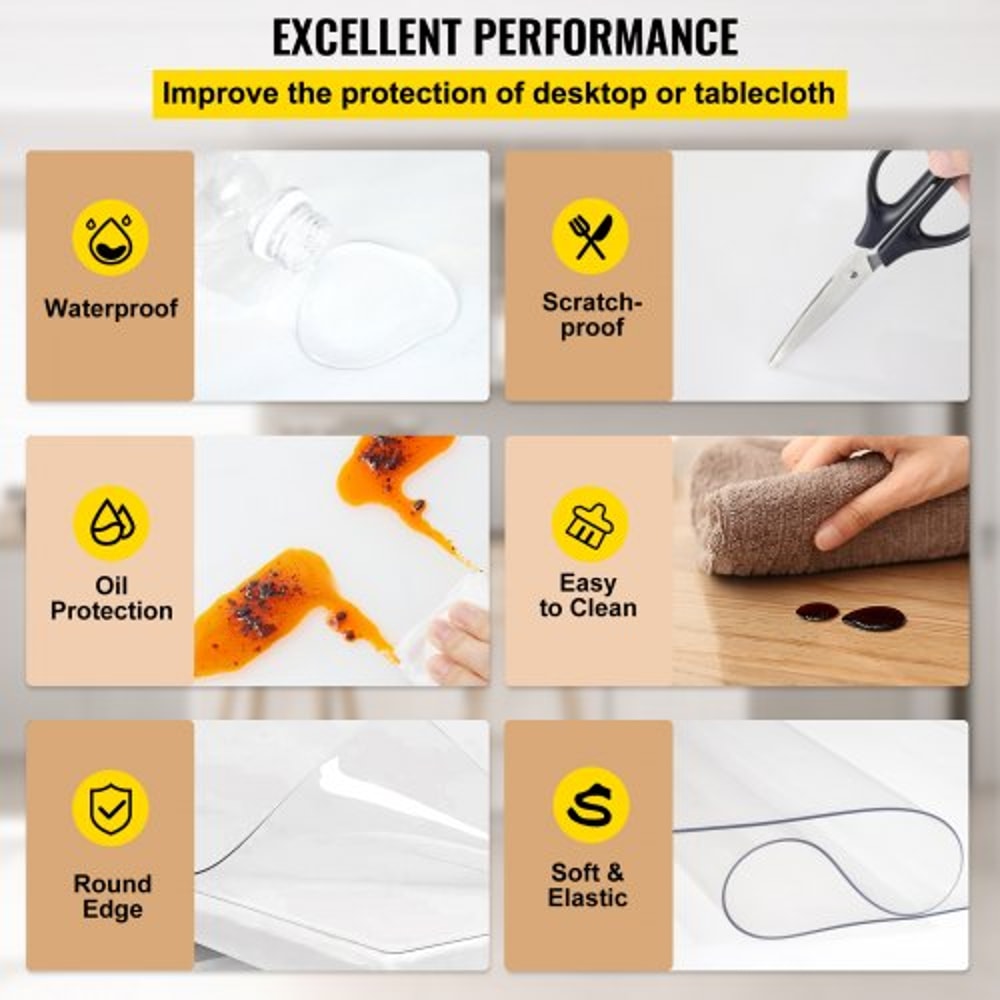 Plastic Table Cover, Thick Clear Table Protector, Waterproof Rectangle Desk Mat for Dining, Office, & Night Stand
