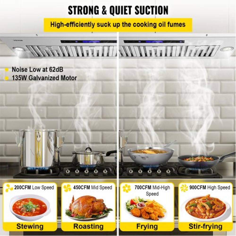 Insert Range Hood, Speed Stainless Steel Built-in Kitchen Vent with Touch & Remote Control, LED Lighting, Baffle Filters