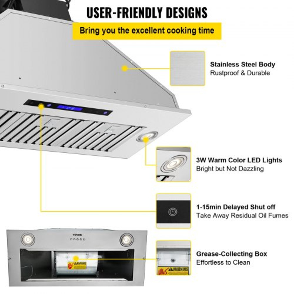 Insert Range Hood, Speed Stainless Steel Built-in Kitchen Vent with Touch & Remote Control, LED Lighting, Baffle Filters
