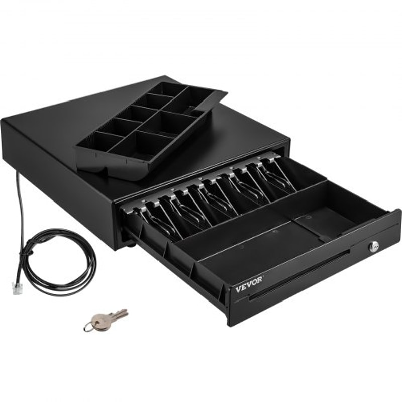 Professional Cash Register Drawer for POS System, Bill Coin Tray, Removable Coin Compartments, Dual Keys for Supermarket