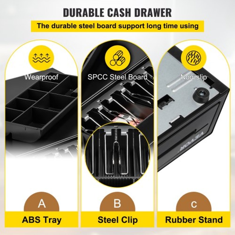 Professional Cash Register Drawer for POS System, Bill Coin Tray, Removable Coin Compartments, Dual Keys for Supermarket