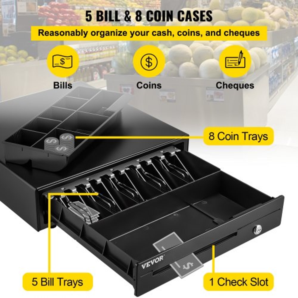 Professional Cash Register Drawer for POS System, Bill Coin Tray, Removable Coin Compartments, Dual Keys for Supermarket