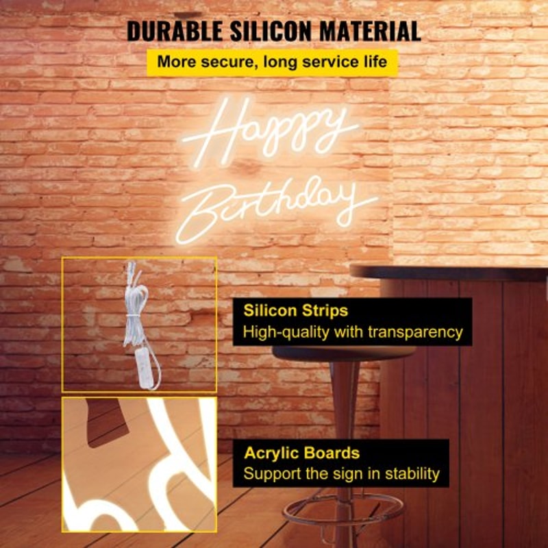 LED Happy Birthday Neon Sign, Adjustable Brightness, Warm White Light with Dimmer Switch, Reusable Party & Event