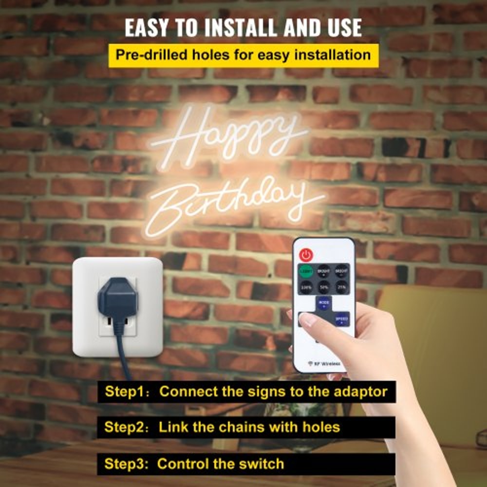 LED Happy Birthday Neon Sign, Adjustable Brightness, Warm White Light with Dimmer Switch, Reusable Party & Event