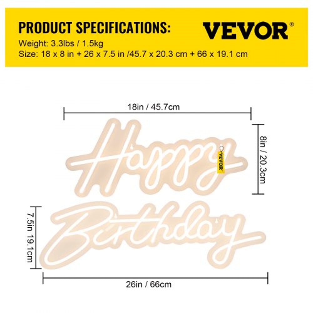 LED Happy Birthday Neon Sign, Adjustable Brightness, Warm White Light with Dimmer Switch, Reusable Party & Event