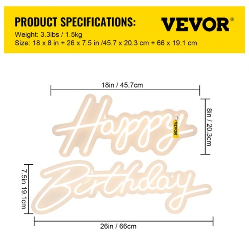 LED Happy Birthday Neon Sign, Adjustable Brightness, Warm White Light with Dimmer Switch, Reusable Party & Event