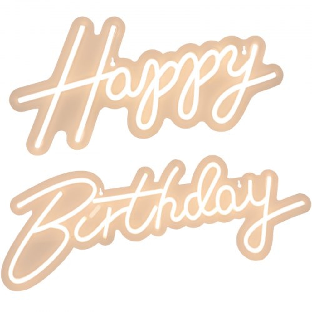 LED Happy Birthday Neon Sign, Adjustable Brightness, Warm White Light with Dimmer Switch, Reusable Party & Event