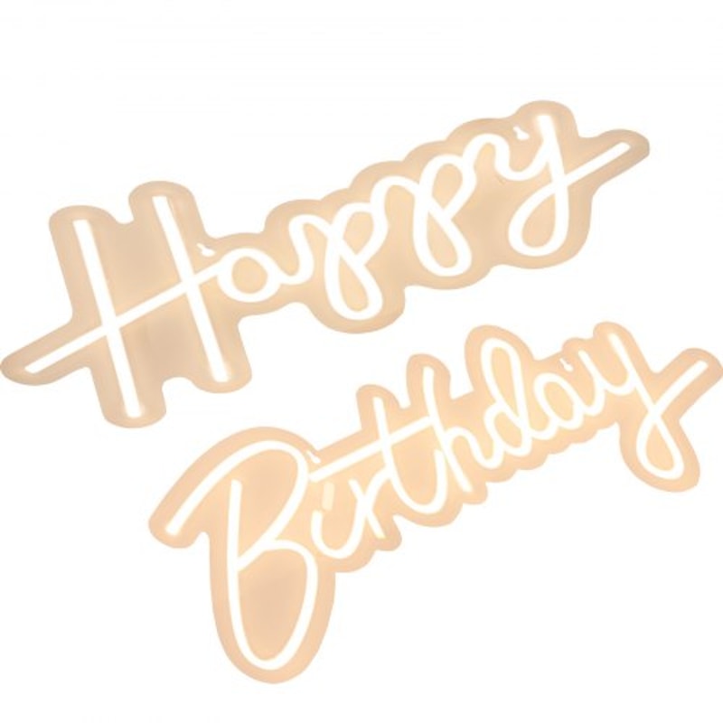 LED Happy Birthday Neon Sign, Adjustable Brightness, Warm White Light with Dimmer Switch, Reusable Party & Event