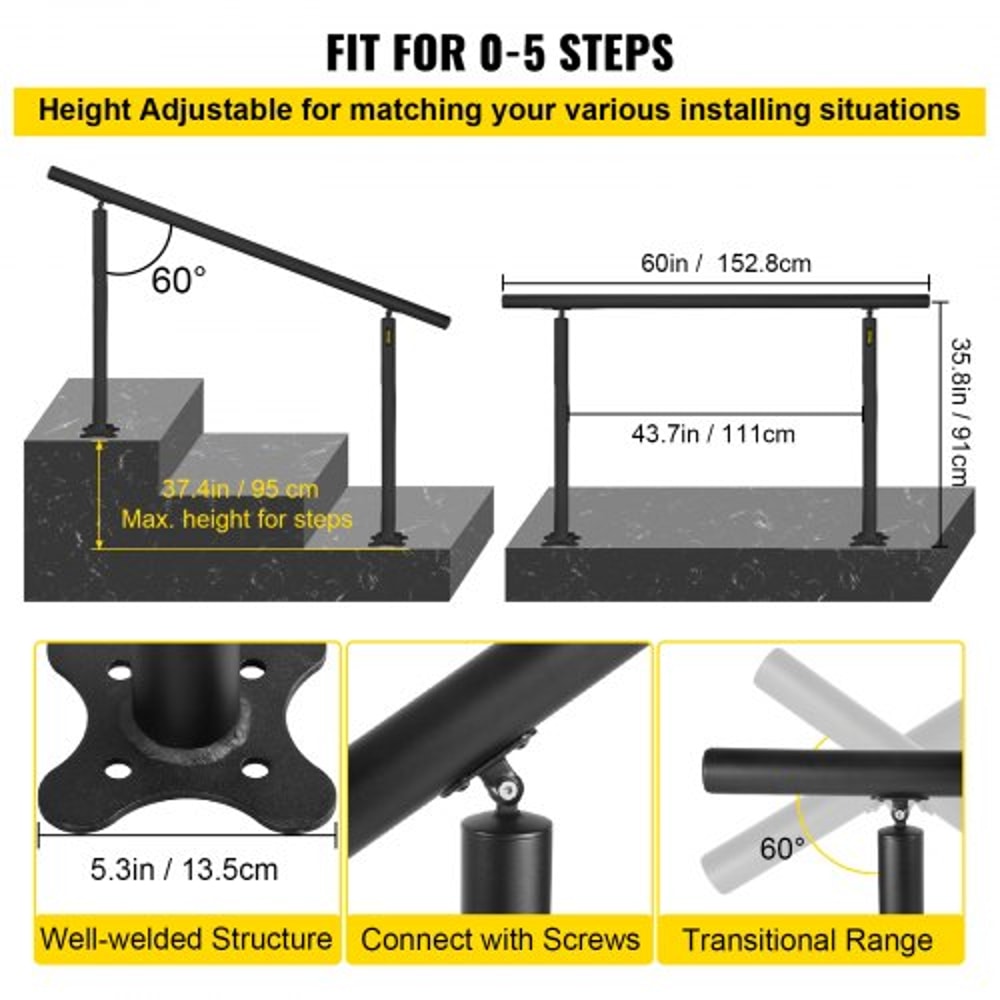 Outdoor Stair Railing Kit, Adjustable Handrail, Black Aluminum Stair Hand Rail for The Elderly & Indoor/Outdoor Safety