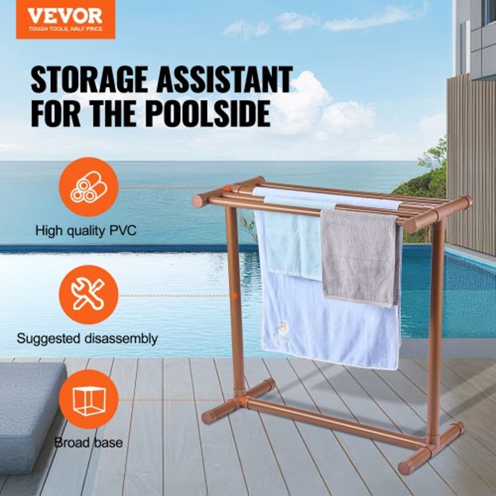 Freestanding Outdoor Pool Towel Rack, Bar Brown PVC T-Shape Storage Organizer with Clips, Mesh Bag & Hook for Swimming