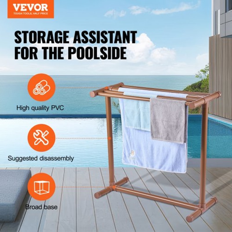 Freestanding Outdoor Pool Towel Rack, Bar Brown PVC T-Shape Storage Organizer with Clips, Mesh Bag & Hook for Swimming