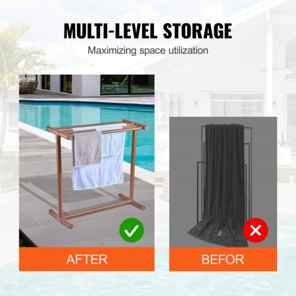 Freestanding Outdoor Pool Towel Rack, Bar Brown PVC T-Shape Storage Organizer with Clips, Mesh Bag & Hook for Swimming