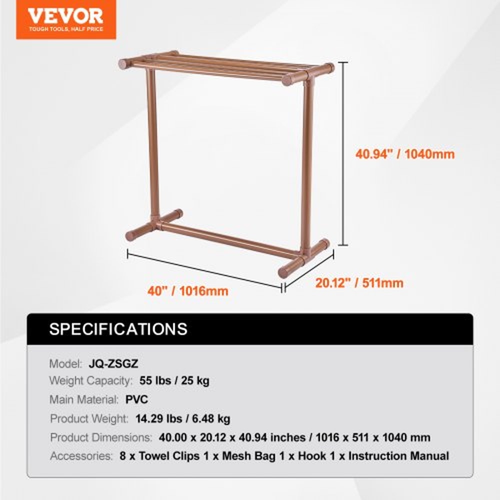 Freestanding Outdoor Pool Towel Rack, Bar Brown PVC T-Shape Storage Organizer with Clips, Mesh Bag & Hook for Swimming