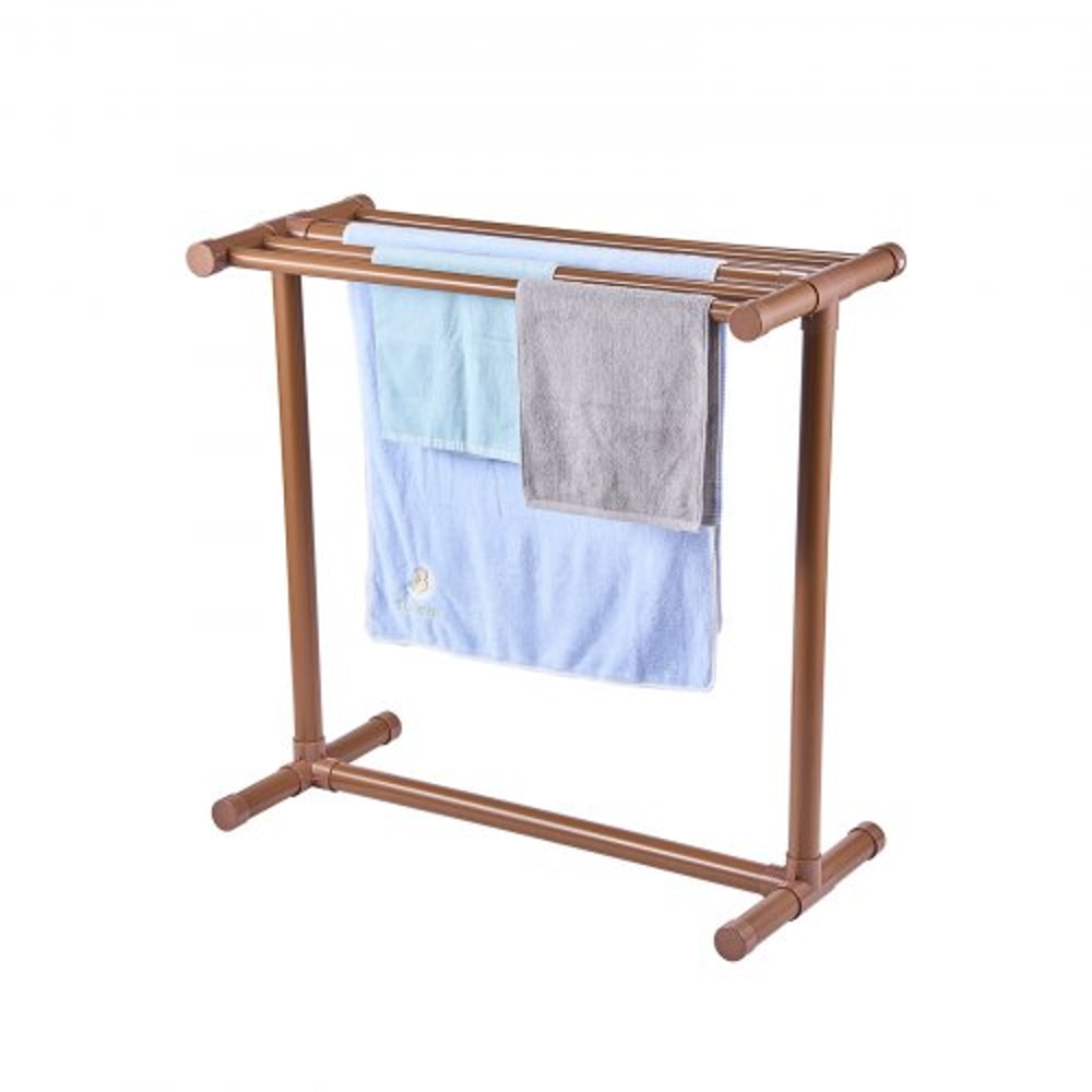 Freestanding Outdoor Pool Towel Rack, Bar Brown PVC T-Shape Storage Organizer with Clips, Mesh Bag & Hook for Swimming