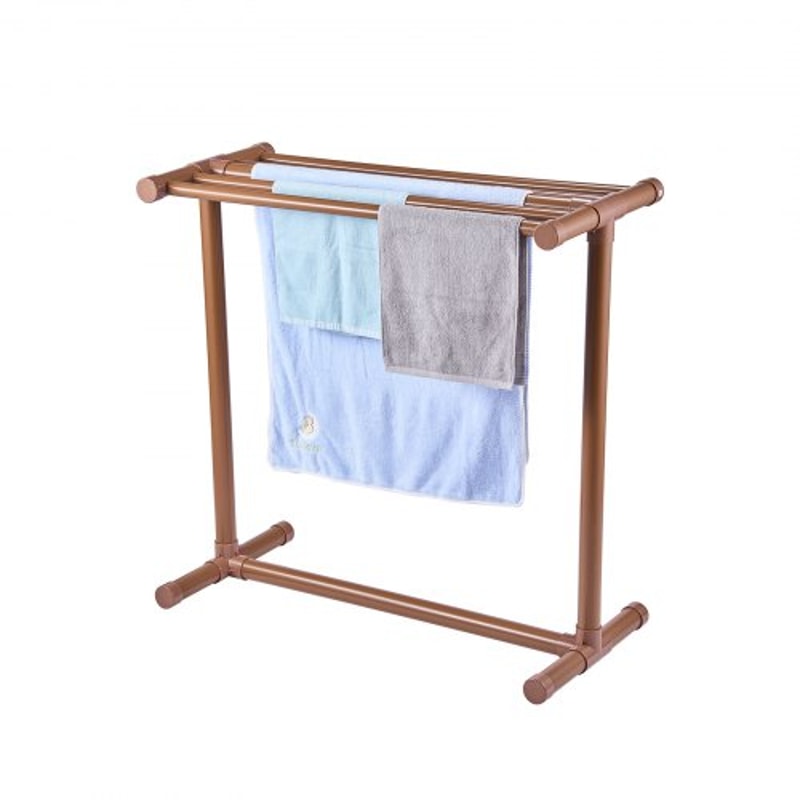 Freestanding Outdoor Pool Towel Rack, Bar Brown PVC T-Shape Storage Organizer with Clips, Mesh Bag & Hook for Swimming