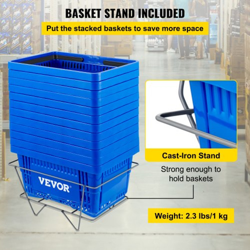 Shopping Basket Set, Store Baskets with Plastic Handle & Iron Stand, Durable PE Material for Supermarket, Retail