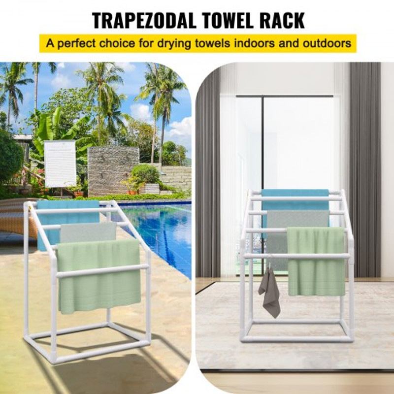 Pool Towel Rack Bar, Freestanding Outdoor PVC Trapezoidal Poolside Storage Organizer with Towel Clips, Mesh Bag & Hook
