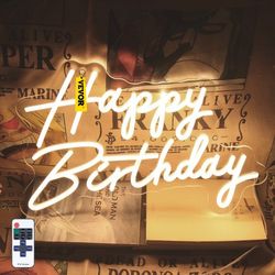 happy birthday neon sign, 16.5" x 8" + 23" x 8" led neon lights w/ remote control, adjustable brightness for parties