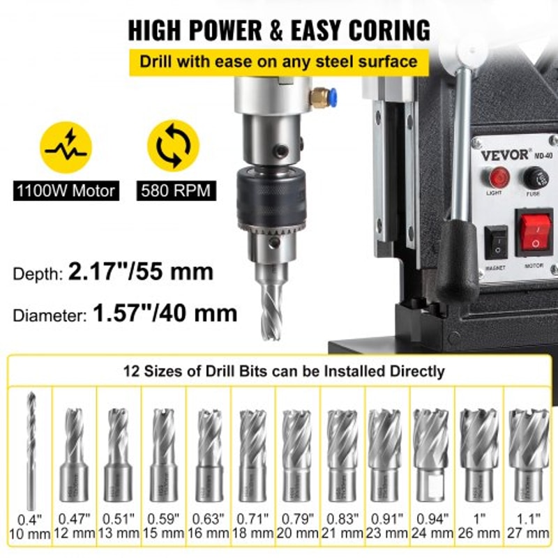 1100W 157 Boring Diameter Magnetic Drill Press 2697lbf12000N Portable Electric Mag Drill With 12 Bi 3