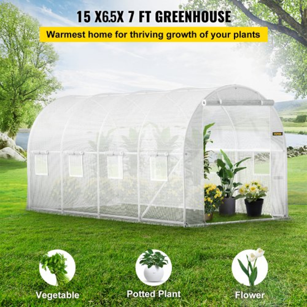 WalkIn Greenhouse 15 X 65 X 7 Ft Waterproof PE Cover Sturdy Galvanized Frame 8 Mesh Windows Zipper 2