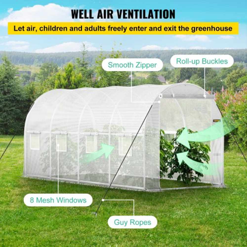 WalkIn Greenhouse 15 X 65 X 7 Ft Waterproof PE Cover Sturdy Galvanized Frame 8 Mesh Windows Zipper 5