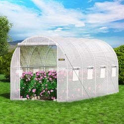 walk-in greenhouse 15 x 6.5 x 7 ft, waterproof pe cover, sturdy galvanized frame, 8 mesh windows & zippered