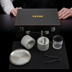 ice ball press kit, anodized 7075 aluminum w/ silicone moulds, large mat, stainless steel tong & two glasses